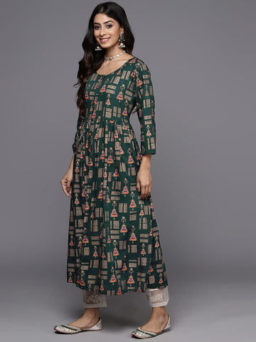 Varanga Navy Green And Gold Toned Abstract Printed Round Neck Kurta