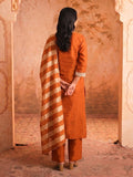Women Rust Embroidered Kurta Set With Striped Dupatta