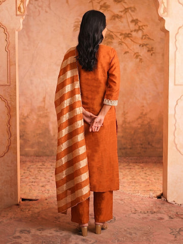 Women Rust Embroidered Kurta Set With Striped Dupatta
