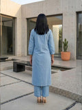 Glass Neck Blue Kurta Set In Cotton