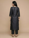 Varanga Women Navy Blue Woven Zari Embroidered Straight Kurta With Bottom And Dupatta