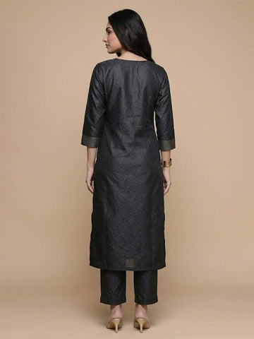 Varanga Women Navy Blue Woven Zari Embroidered Straight Kurta With Bottom And Dupatta