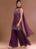 Round Neck Embroidered Kurta Set Featuring Zari And Sequin Work With Flared Palazzo And Embellished Dupatta