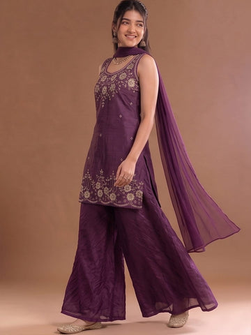 Round Neck Embroidered Kurta Set Featuring Zari And Sequin Work With Flared Palazzo And Embellished Dupatta