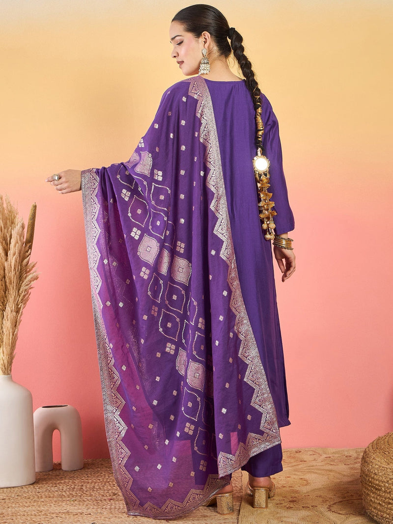 kurta set featuring a bead-embellished yoke, solid ankle-length trousers, and a brocade dupatta