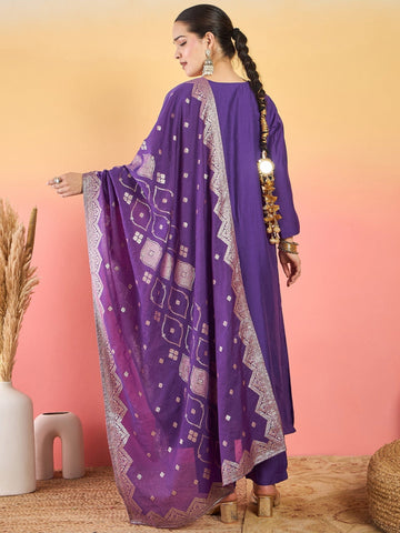 kurta set featuring a bead-embellished yoke, solid ankle-length trousers, and a brocade dupatta