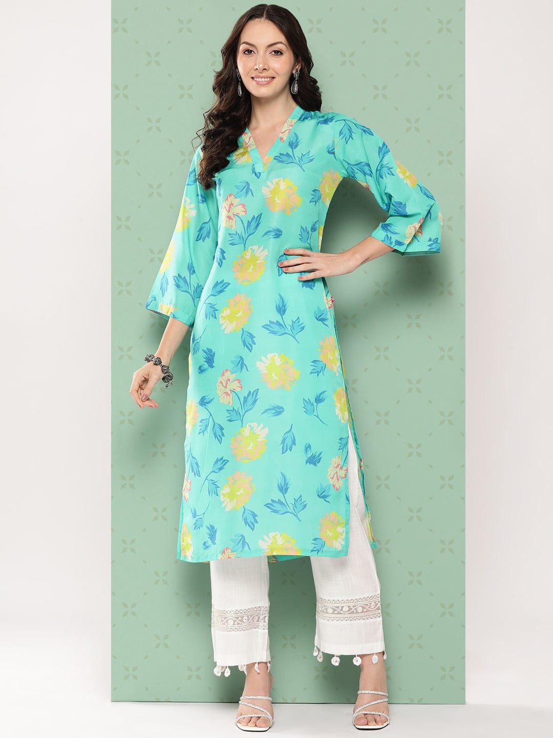 KSUT Women Turqouise Blue Floral Printed Straight Kurta With Bell Sleeves