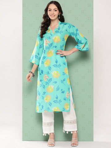 KSUT Women Turqouise Blue Floral Printed Straight Kurta With Bell Sleeves