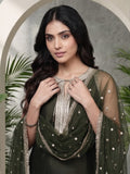 Varanga Women Olive Green Lace Embellished Sleeveless Straight Kurta Paired With Tonal Plazzo And Dupatta
