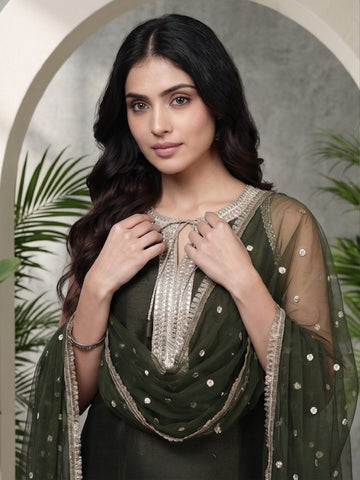 Varanga Women Olive Green Lace Embellished Sleeveless Straight Kurta Paired With Tonal Plazzo And Dupatta