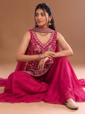 Rani Pink Embroidered Kurta Set Featuring Zari And Sequin Work With Flared Palazzo And Embellished Dupatta