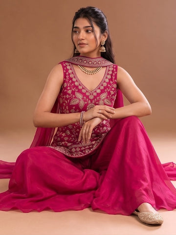 Rani Pink Embroidered Kurta Set Featuring Zari And Sequin Work With Flared Palazzo And Embellished Dupatta