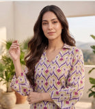 Varanga Women Off White Ikat Printed Shirt Collar Straight Kurta  Paired With Violet Solid Bottom