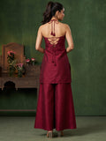 Women'S Wine-Red Jacquard Halter Neck Kurta And Palazzo Set For Festive Wear.