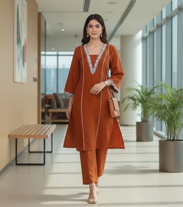 Zari Embroidered Rust Flared Sleeve Kurta with Trouser