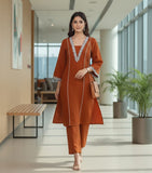 Zari Embroidered Rust Flared Sleeve Kurta with Trouser