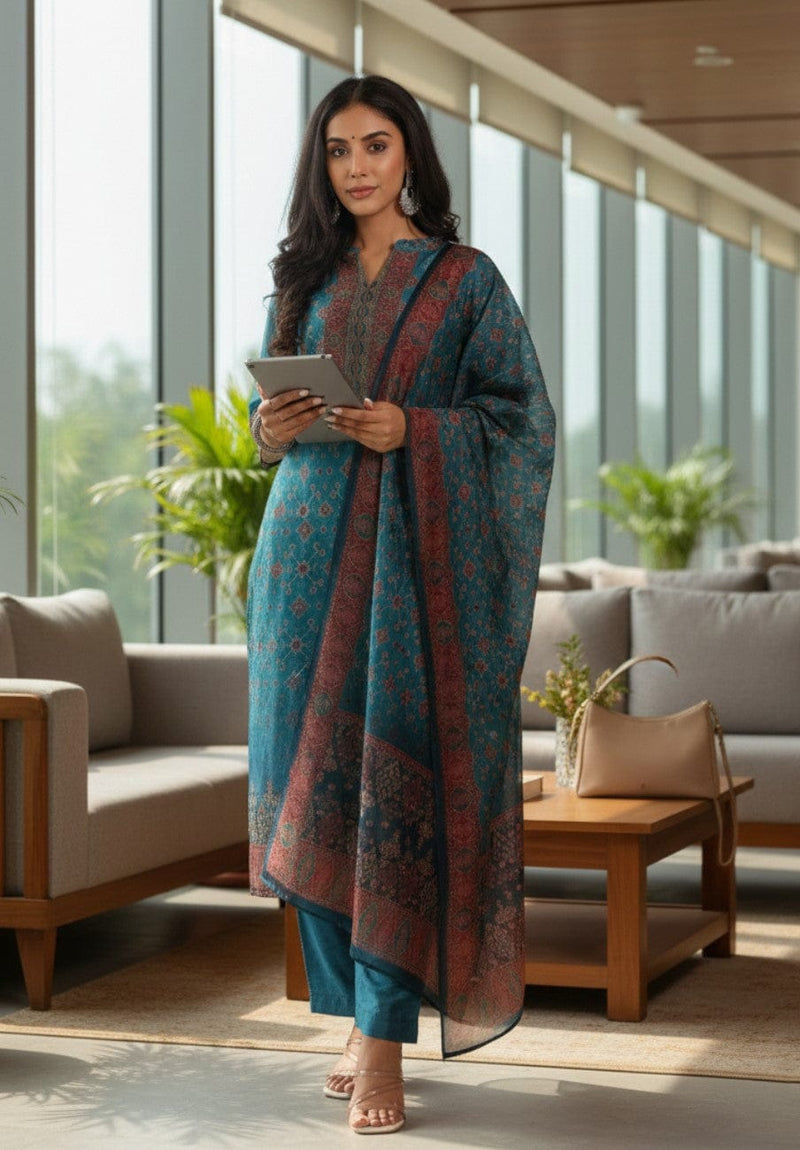 Varanga Women Patola Printed, Teal & Beige Mandrin Collar ,Straight Kurta With Solid Bottom And Printed Dupatta