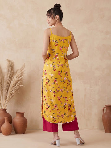 Varanga Mustard And Pink Printed Strap Kurta