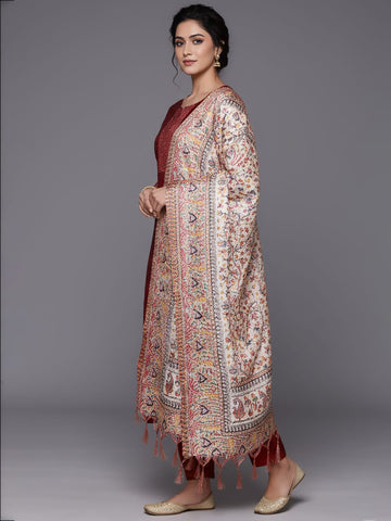 Varanga Women Maroon Woven Zari Embroidered Straight Kurta With Bottom And Dupatta