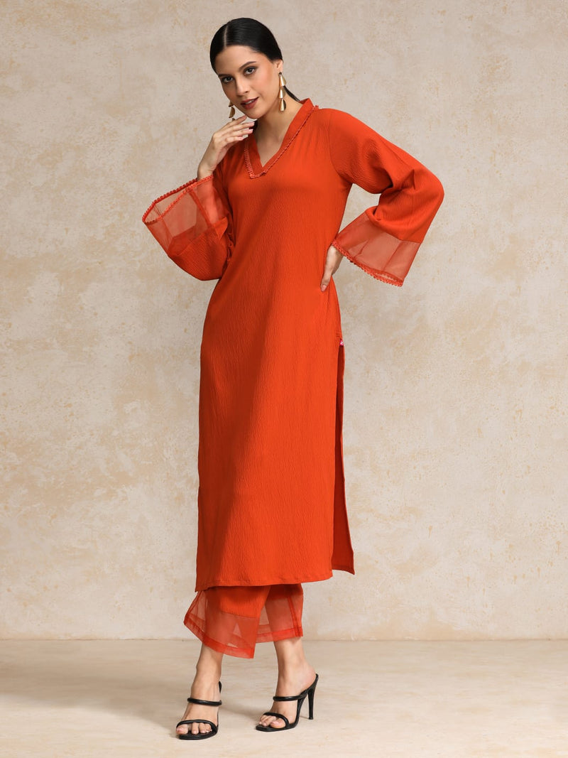 Varanga Women Rust Straight Kurta Paired With Tonal Bottom