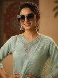 Zari-Embroidered Kurta Paired With Solid Trousers And A Tonal Dupatta .
