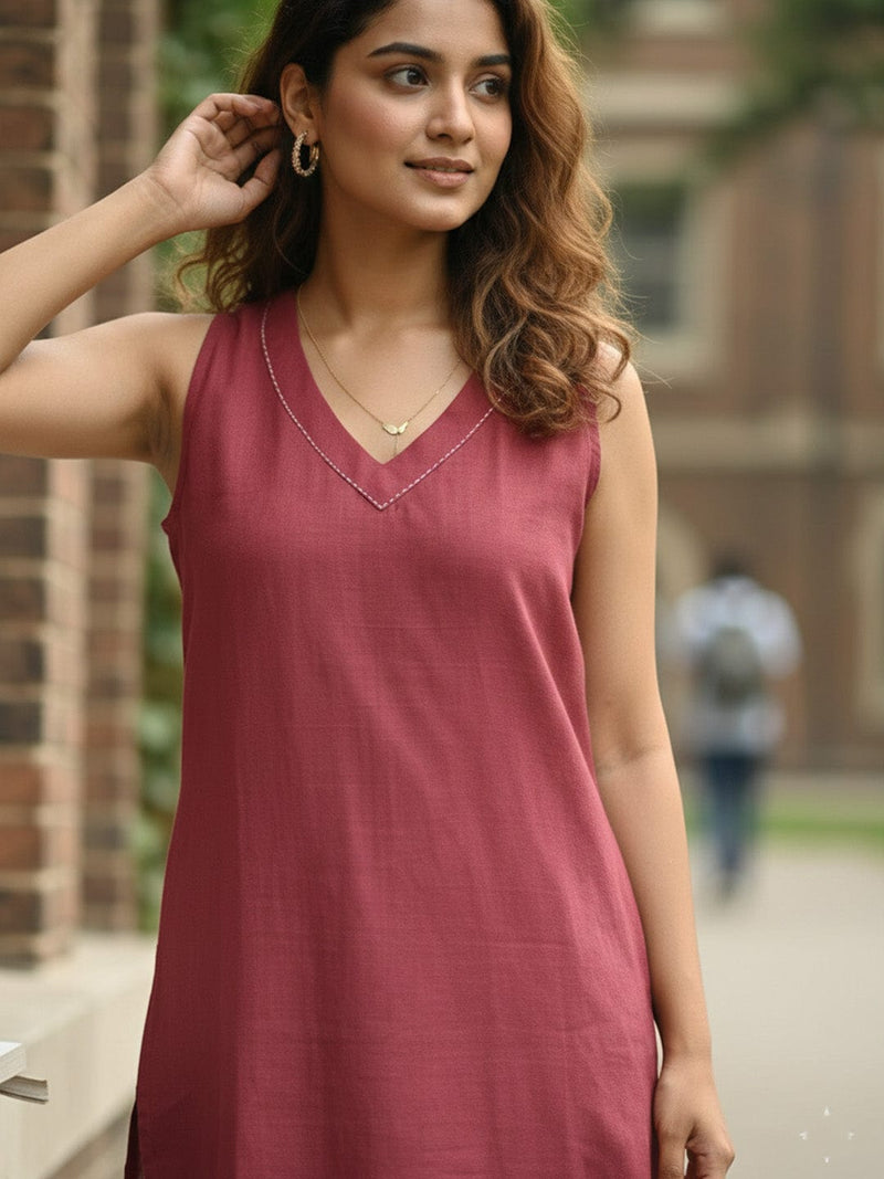 Varanga Sleeveless Solid Kurta with V-Neck and Subtle Floral Embroidery