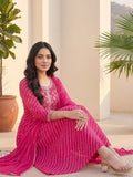 Bandhani-Printed Fuchsia Anarkali With Zari-Embroidered Yoke, Paired With Solid Trousers And Dupatta .