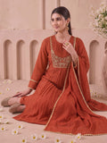 Rust Zari Embroidered Kurta Set With Trouser And Dupatta