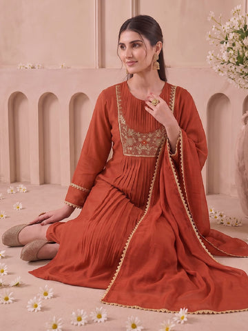 Rust Zari Embroidered Kurta Set With Trouser And Dupatta