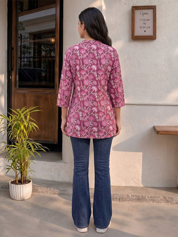Women's Magenta Floral Block Print Cotton Short Kurti Top