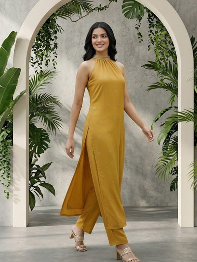 Varanga Women Mustard Halter Neck Straight Lurex Kurta with trouser