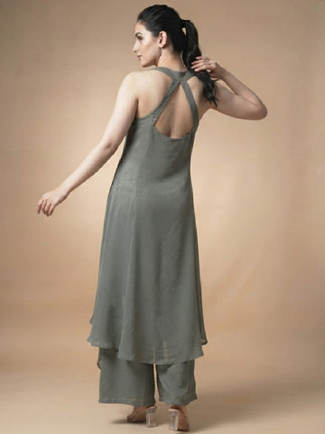 Solid Grey Halter Neck Front Slit Kurta With Palazzos