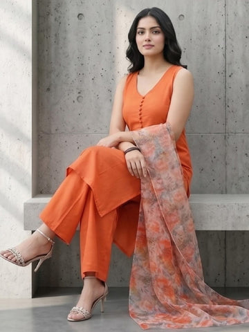 Sleeveless Orange Kurta with Floral Dupatta and Pants