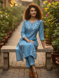 varanga women's ethnic solid skyblue round neck with v notch A line kurta with elegant emb. and  3/4 sleeves.