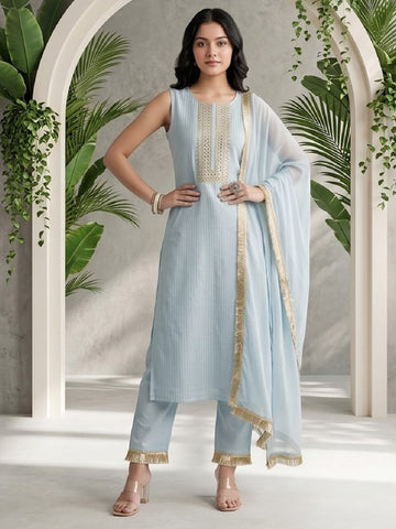 Varanga Women Blue Straight Kurta With Tonal Bottom & Dupatta