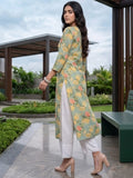 Varanga Women Sea Green Floral Printed Mirror And Thread Embroidered Straight Kurta With Thtree Quarter Sleeves