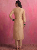 Beige Embroidered Chanderi Kurta Set With Straight Pants And Organza Dupatta.