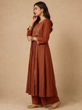 Rust Brown Zari-Work Anarkali Set With Organza Dupatta