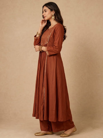 Rust Brown Zari-Work Anarkali Set With Organza Dupatta