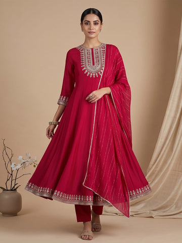 3-Piece Anarkali Set Vichitra Fabric With Zari Embroidery