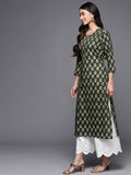 Varanga Olive Green Ethnic Motifs Printed Gotta Patti Straight Kurta with Button Detail