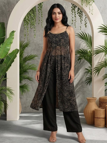 Midnight Bandhani High-Slit Kurta & Palazzo Set with front high slit cut
