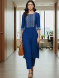 Women Blue Shirt-Style Kurta With Trousers