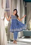 Varanga Women Blue Ethnic Printed With Embroidery, Flared Kurta With Trouser And Dupatta