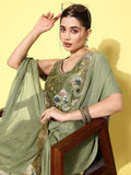 Varanga Women Green Floral Printed Sequinned Silk Anarkali Kurta With Dupatta