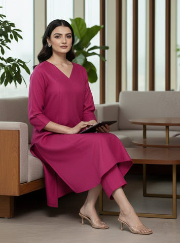 Varanga Women Magenta Solid A-Line Kurta Paired With Tonal Bottom