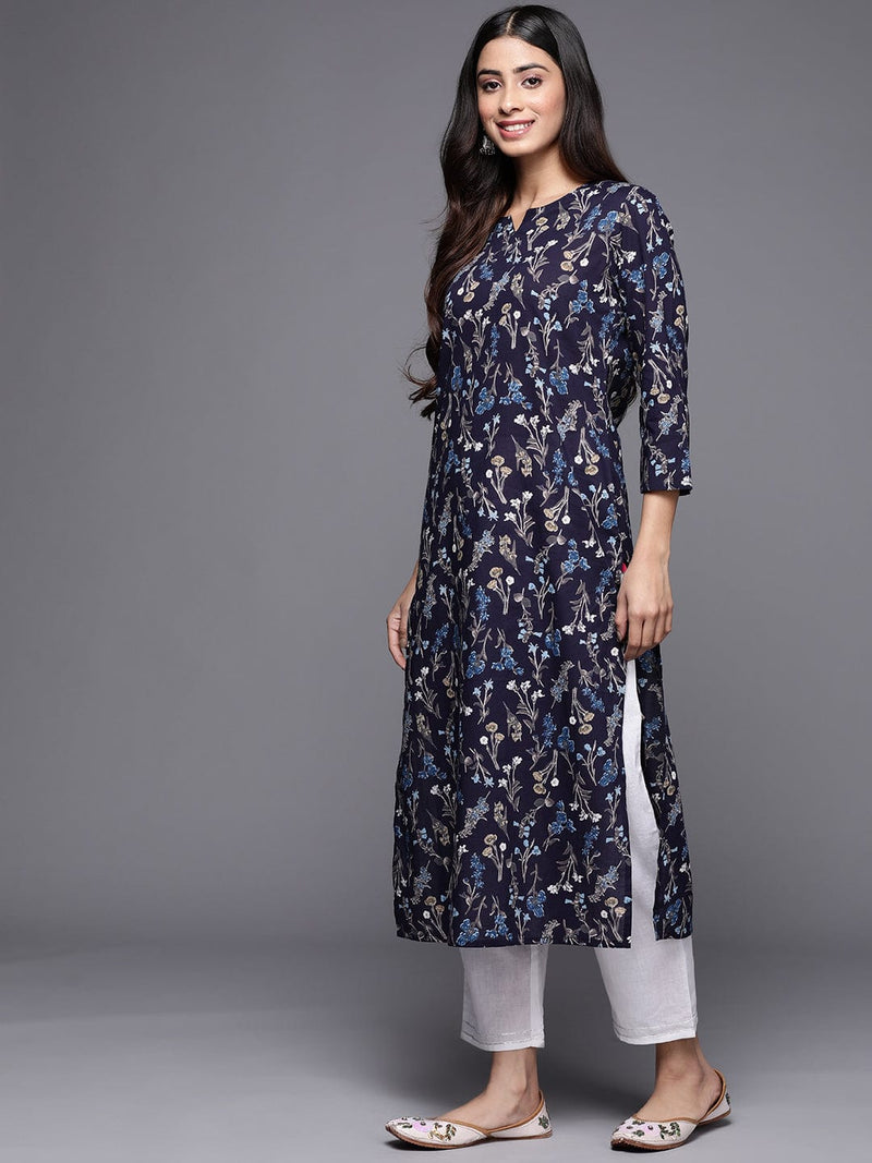 Varanga Women Navy Blue And Grey Floral Printed Indigo Kurta