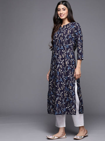 Varanga Women Navy Blue And Grey Floral Printed Indigo Kurta