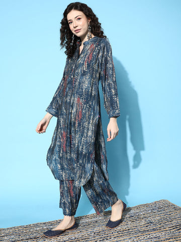 KSUT Blue Dyed Regular Bandhani Kurta with Trousers