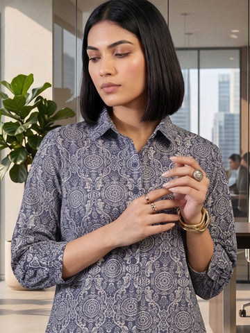 Navy Coloured Slim Collar Long Sleeves Floral Shirt
